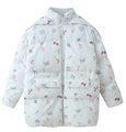 Detail view of white padded jacket featuring colorful strawberry and star cartoon prints - S / White Floral
