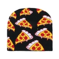 Black knit beanie hat featuring an embroidered pizza slice pattern for adults - Pizza (A)
