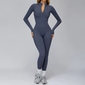 Slim fit dark grey long sleeve thermal yoga jumpsuit with front zipper closure - S / Haze Blue