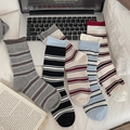 Five pairs of striped mid-calf socks in diverse colors with natural rolled-edge cuffs - Mixed Colors