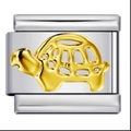 Italian charm bracelet link in silver steel featuring a gold cutout turtle charm - Gold Hollow Turtle-Y586