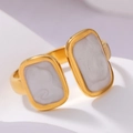 Minimalist 18k gold open bracelet featuring two white marble-textured rectangular panels - Adjustable Open / Gold White Texture Bangle (JR430-GW)