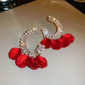 Detail of Chinese style red enamel flower earrings with sparkling rectangle crystals - 53# Silver Needle - Red - C-shape Petal
