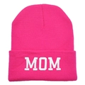 Rose pink knitted beanie hat with white MOM embroidery for winter warmth and outdoor style - MOM / Rose Red