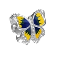 Macro shot of silver butterfly charm with yellow-blue enamel and sparkling zircon - Blue Morpho Butterfly Charm