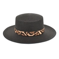 Cappello di paglia nero a testa piatta stile francese con fascia leopardata estivo - M (56-58cm) / Nero
