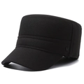 Winter black flat top army cap for men with fleece lining and ear protection - Adjustable / Black