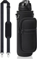 Detail of black SBR water bottle sleeve with adjustable padded shoulder strap and zipper pocket - Black