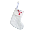 White cable knit Christmas stocking featuring red embroidered letter T and small santa hat - White-Letter T