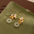 New Chinese-style gold drop earrings with white pearls and light green jade rings - E4534-1/Gold Leaf Pearl Jade Ring