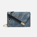 Denim blue crossbody bag with gold chain strap and black leather trim for women - Blue