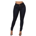 Donkerblauwe skinny jeans met hoge taille en drievoudige knoopsluiting op witte achtergrond - S / Blauwzwart