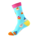 Mid-calf cotton socks in light blue featuring pink cuffs and colorful cupcake patterns - 916 Cupcake