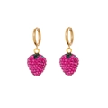 Elegant gold strawberry hoop earrings with pink rhinestones and green enamel details - Strawberry / Rose Red