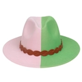 Pink and green bicolor wool fedora hat with a brown braided band for men and women - Green Pink Patchwork With Belt