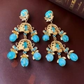 Vintage gold baroque drop earrings with light blue pearls and intricate hollow metalwork - Blue-Green Beaded Filigree Clip-on Earrings