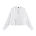 White long-sleeved deep V-neck shirt with embroidery and ruffled cuffs flat lay view - XS / White