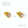 18K gold plated stainless steel heart earrings with pink zircon stone inlay - Pink Zirconia