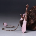 Hexagonal rose quartz crystal point pendant with bronze wing and pink bead chain - Antique Bronze Rose Quartz