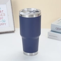 30oz dark blue stainless steel insulated travel tumbler with clear lid on a white table - Navy Blue