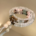 Handmade beaded bracelet with white translucent stones, green beads and pink crystals - 15# Bracelet-White-Pink-Green