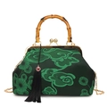 Vintage Chinese style embroidered handbag with bamboo handle and green cloud patterns - Black