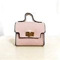 Pink lychee grain leather mini handbag keychain with golden metal turn lock and oil edge - Pink