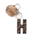 Leopard print leather letter H keychain with beige faux fur pompom and silver hardware - Leopard Letter H