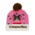 Pink LED Christmas knit hat with reindeer puppy pattern and brown pompom top - Hat Style 46 (Pink White Corgi)