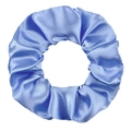 Detail of bright blue satin scrunchie showing the soft silk texture and elastic pleats - Sky Blue