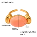 Pink resin open ring with gold plated stainless steel band for women - Size 7 (Opening) / Gold Pink (A774)