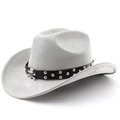 Close-up of light grey faux suede cowboy hat with skull metal stud leather band - M (56-58cm) / Light Gray