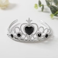 Silver princess crown featuring a central black heart gemstone and floral engravings - Black