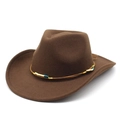 Detail of brown wool felt cowboy hat featuring bohemian beaded leather band and wide brim - Coffee