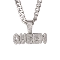 Silver Cuban chain necklace with iced-out QUEEN pendant and sparkling clear crystals - 10NNK Cuban Chain / Silver