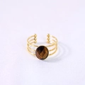 French style gold stainless steel ring with oval brown tiger eye stone and triple band - Geometric Triple Ring Open Style / Tiger Eye