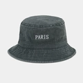 Detailed embroidery of PARIS letters on washed charcoal gray cotton denim bucket hat - Army Green