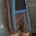 Detail of sequin set showing brown shorts and cardigan with blue striped trim - S / Coffee Shorts