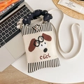 Borsa porta cellulare in maglia beige con motivo a cane, strisce e tracolla lunga - Taglia unica / Cane a strisce