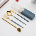 Blue and gold stainless steel travel cutlery set with flower straw in portable box - Type C Blue+Gold