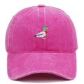 Detail of green duck embroidery on retro washed pink cotton baseball cap - Rose Red