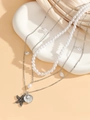 Silver layered necklace with white pearls, starfish and shell charms on beige silk - Style 12 Silver