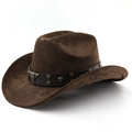 Brown faux suede western cowboy hat with studded leather band and metal bull head - M (56-58cm) / Coffee