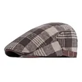 Classic British plaid wool flat cap in brown check pattern with side metal buckle - Adjustable / Coffee