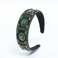 Baroque wide headband with emerald green crystals and gold beads on black fabric - Green