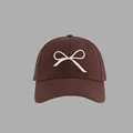 Dark brown cotton baseball cap featuring white embroidered bow detail on the front - Hard Top Bow Baseball Cap Style / Coffee