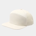 Detail view of laser-perforated side panels on beige 7-panel flat brim baseball cap - Off White
