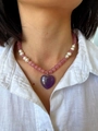 Detail of beaded necklace with cat eye stones, pearls and a purple heart pendant - Purple Heart Pendant / Lobster Clasp Pink Cat's Eye 38+5cm