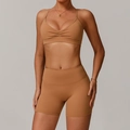 Ensemble de yoga 2 pièces camel avec short taille haute et débardeur col en V profond - S / Soutien-gorge + Short / Orange Citrouille