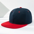 Detail of navy blue crown and red flat brim on this contrast twill cotton hip hop cap - Blue with Red Brim